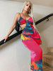 Maxikleider Ärmellos Rose Floral Bedruckte Träger Ausschnitt Rückenfreies Polyester Bodenlanges Kleid
