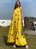 Maxikleider Ärmellos Yello Printed Muster V-Ausschnitt Polyester Langes Kleid