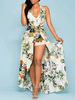 Maxikleider Ärmelloses Aprikosenkleid mit Blumenmuster aus Polyester mit V-Ausschnitt und geteiltem Boden