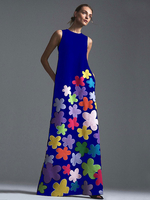 Maxikleider Ärmelloses; blaues; bedrucktes Juwelenhalsblumen mit Blumenmuster Übergroßes bodenlanges Kleid aus Polyester