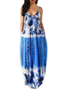 Maxikleider Ärmelloses blaues Blumendruckmuster V-Ausschnitt Open Shoulder Polyester bodenlanges Kleid