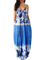 Maxikleider Ärmelloses blaues Blumendruckmuster V-Ausschnitt Open Shoulder Polyester bodenlanges Kleid