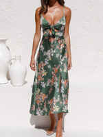 Maxikleider Ärmelloses; dunkelgrünes; bedrucktes Muster mit Blumenmuster; Hals; Knoten; geknotetes; bodenlanges Kleid aus Polyester