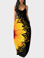 Maxikleider Ärmelloses gelbes Sonnenblumendruckmuster Trägerhals Polyester bodenlanges Kleid