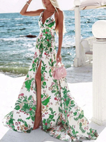 Maxikleider Ärmelloses grünes Halfter Blumendruck Polyester Bodenlanges Kleid Strandkleid