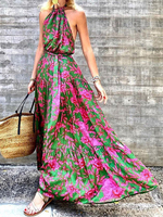Maxikleider Ärmelloses grünes Halfter Blumenmuster Polyester Sommerkleid Bodenlanges Kleid