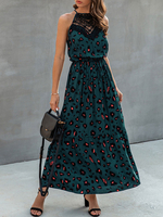 Maxikleider Ärmelloses grünes Kleid mit grünem Leopardenmuster und Hals Chiffon Langes Kleid