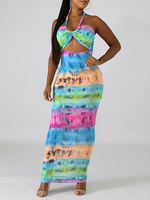 Maxikleider Ärmelloses helles himmelblaues Tie Dye Straps Neck Cut Out Plissee Open Shoulder Sexy Dress