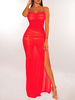 Maxikleider Ärmelloses Kleid mit roten Trägern und Halsausschnitt Maxi Open Shoulder Polyester bodenlanges Kleid