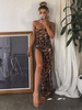 Maxikleider Ärmelloses Leopardenmuster One Shoulder Split Front Backless Polyester Long Dress