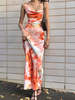 Maxikleider Ärmelloses Oragnge Red Floral Bedruckte Träger Hals Backless Polyester Long Dress