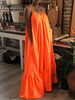 Maxikleider Ärmelloses Oragnge Red Straps Neck Cotton Blend Langes Kleid