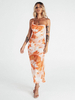Maxikleider Ärmelloses; orange bedrucktes Trägerhalsband Maxi Backless Polyester Long Dress