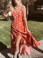 Maxikleider Ärmelloses rot bedrucktes Spaghettiträger Hals Rüschen Maxi Irregular Polyester Long Dress