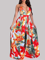 Maxikleider Ärmelloses rotes Blumendruck-Kleid mit V-Ausschnitt und rückenfreiem Polyester-Langkleid