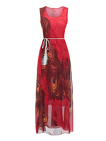 Maxikleider Ärmelloses rotes Juwelenhals Semi Sheer Print Polyester Schärpe Langes Kleid