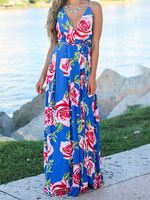 Maxikleider Ärmelloses; tiefblaues; bodenlanges Kleid aus Polyester mit Blumenmuster und V-Ausschnitt