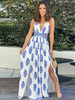 Maxikleider Ärmelloses; weißes; floral bedrucktes; langes; asymmetrisches Polyester-Kleid mit geteiltem V-Ausschnitt