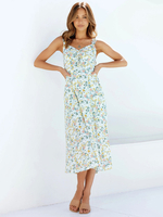 Maxikleider Ärmelloses; weißes; mit Blumen bedrucktes Trägerhals-Polyester-Langkleid