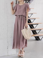 Maxikleider Rosa Kurzarm Jewel Neck Leinen Sommer Langes Kleid