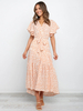 Maxikleider Rosa Kurzarm Ärmel bedrucktes Muster V-Ausschnitt Polyester Langes Kleid