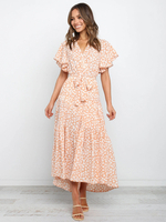 Maxikleider Rosa Kurzarm Ärmel bedrucktes Muster V-Ausschnitt Polyester Langes Kleid