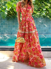 Maxikleider Rot Kurzarm Kleid mit Blumenmuster V-Ausschnitt Polyester bodenlanges Kleid