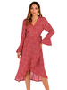 Maxikleider Rot Langarm Kleid mit Blumenmuster V-Ausschnitt Polyester bodenlanges Kleid