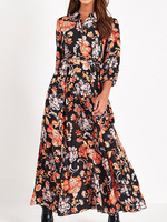 Maxikleider Schwarz Langarm Bedruckt Jewel Neck Polyester Boden Damen Länge Hemdkleid