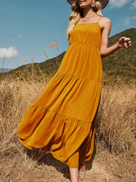 Maxikleider Spaghetti Orange V-Ausschnitt Plissee Maxi Layered Polyester Long Dress