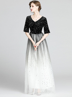 Maxikleider Starry Sky Ombre Halbe Ärmel Langes Kleid mit V-Ausschnitt