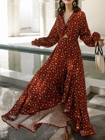 Maxikleider V-Ausschnitt Langarm Polka Dot Pattern Polyester Burgund Langes Kleid