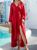 Maxikleider V-Ausschnitt Langarm Rotes Polyester Bodenlanges Kleid Etuikleid
