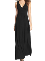 Maxikleider V-Ausschnitt Ärmelloses Sommerkleid aus schwarzem Polyester