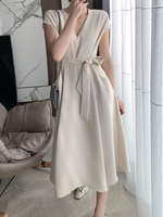 Maxikleider Warmweiß Kurzarm Kleid V-Ausschnitt Polyester bodenlanges Kleid