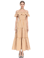 Maxikleider Yellow Plaid Pattern Straps Hals Polyester bodenlanges Kleid