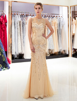 Meerjungfrau Abendkleider Licht Gold Perlen Prom Dress Sleeveless Luxus Formale Kleider Mit Zug