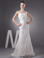 Meerjungfrau Brautkleid aus Satingewebe mit Spaghettiträger und Perlen-Applikation und Schleppe in Elfenbeinfarbe
