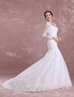 Meerjungfrau Brautkleid Langarm Brautkleid Spitze Applique Anne Königin Kragen Ausschnitt Zurück Brautkleid Mit Kapelle Zug