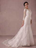 Meerjungfrau Brautkleid lange Ärmel Spitze Illusion zurück Applique Friesen Gericht Zug Brautkleid Milanoo