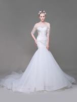 Meerjungfrau Hochzeit Mermaid- Mit Schleppe natürliche Taillenlinie mit Schulterfrei und halben Ärmenln und Bateau-Kragen und Schnürung in Weiß