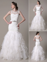 Meerjungfrau Hochzeitskleid Jewel Spitze Applique Organza Tier Bogen bodenlangen Braut Kleid mit Strass Flügel Milanoo