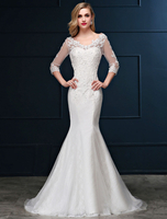 Meerjungfrau Hochzeitskleid Spitze Langarm Brautkleid V-Ausschnitt Perlen Backless Slim Fit Elfenbein Brautkleid mit Zug