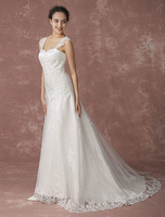 Mein Schatz Hochzeitskleid Spitze Kapelle Zug Brautkleid Perlen rückenfreie a-Linie Brautkleid