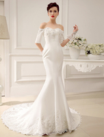 Mermaid-Brautkleid aus Satin mit Carmenausschnitt in Elfenbeinfarbe Milanoo