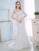 Mermaid Brautkleider Elfenbein Spitze Applique Brautkleid Perlen Halbarm V-Ausschnitt V Zurück Brautkleid mit Zug