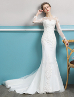 Mermaid Brautkleider Langarm Elfenbein Spitze Illusion Zug Brautkleider