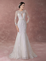 Mermaid Brautkleider Langarm Spitze Blumen Elfenbein Illusion Brautkleider mit Zug