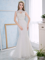 Mermaid Brautkleider Spitze Elfenbein Brautkleid ärmellose Strass Perlen Sash ausgeschnitten Brautkleider mit Zug