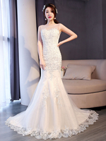 Mermaid Brautkleider Spitze Elfenbein Friesen ärmellos Brautkleid mit Zug